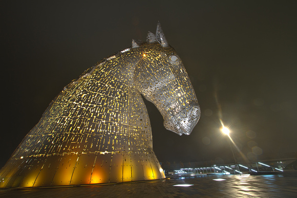 Foggy night at the Kelpies